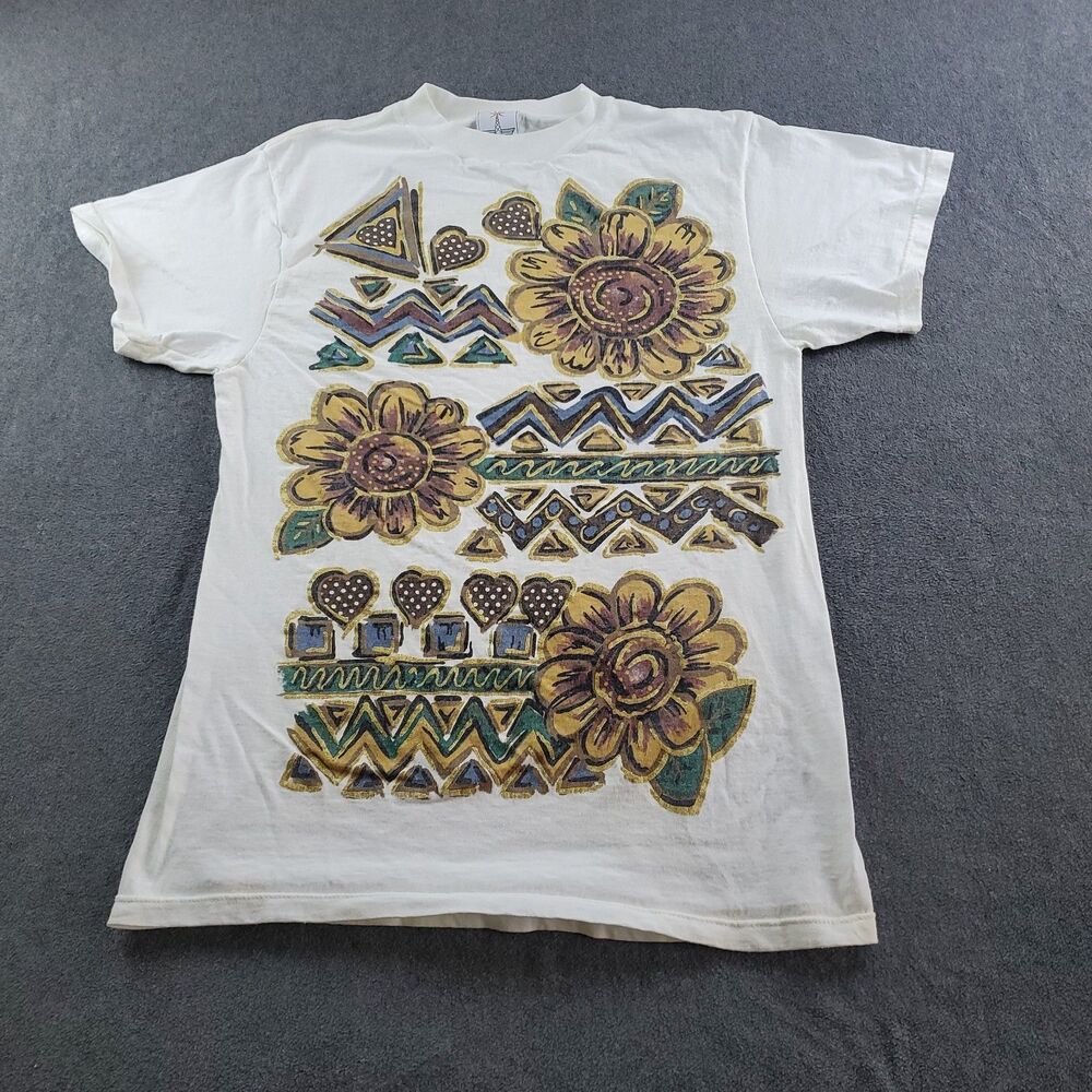 Vintage KWBL Los Angeles hand-painted sunflower Tshirt Men's Size Small White